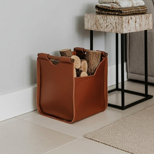 IZA – Corbeille à bûches en cuir, élégance et robustesse artisanale